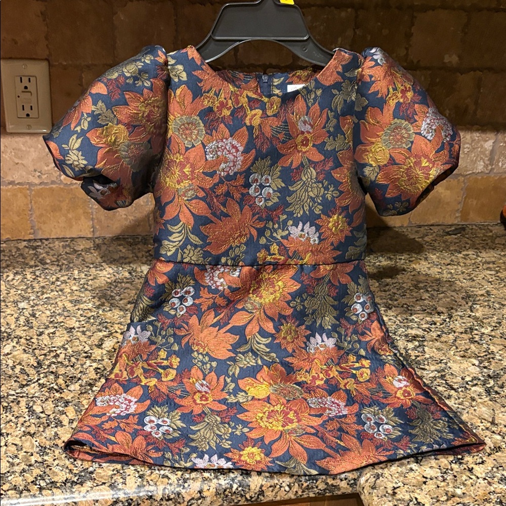 Floral Brocade Dress with Puff Sleeves